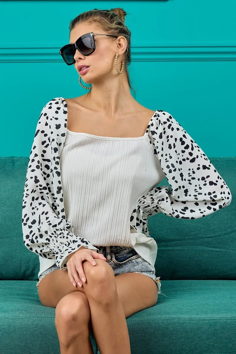 Ribbed Top with Leopard Long Sleeves, image 2