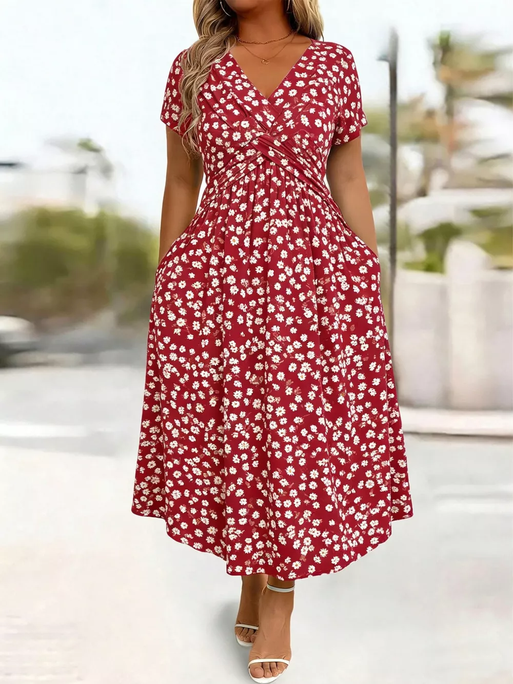 Full Size Twisted Front Short Sleeve Midi Dress with Pockets Plus Size, image 37