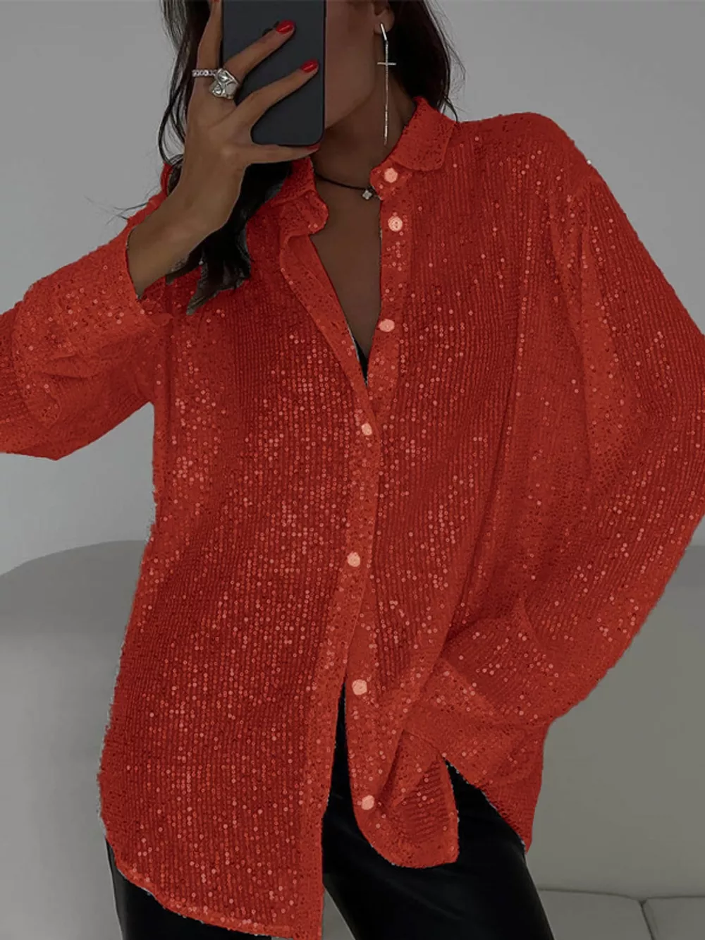 Full Size Sequin Button-Down Shirt Plus Size, image 21
