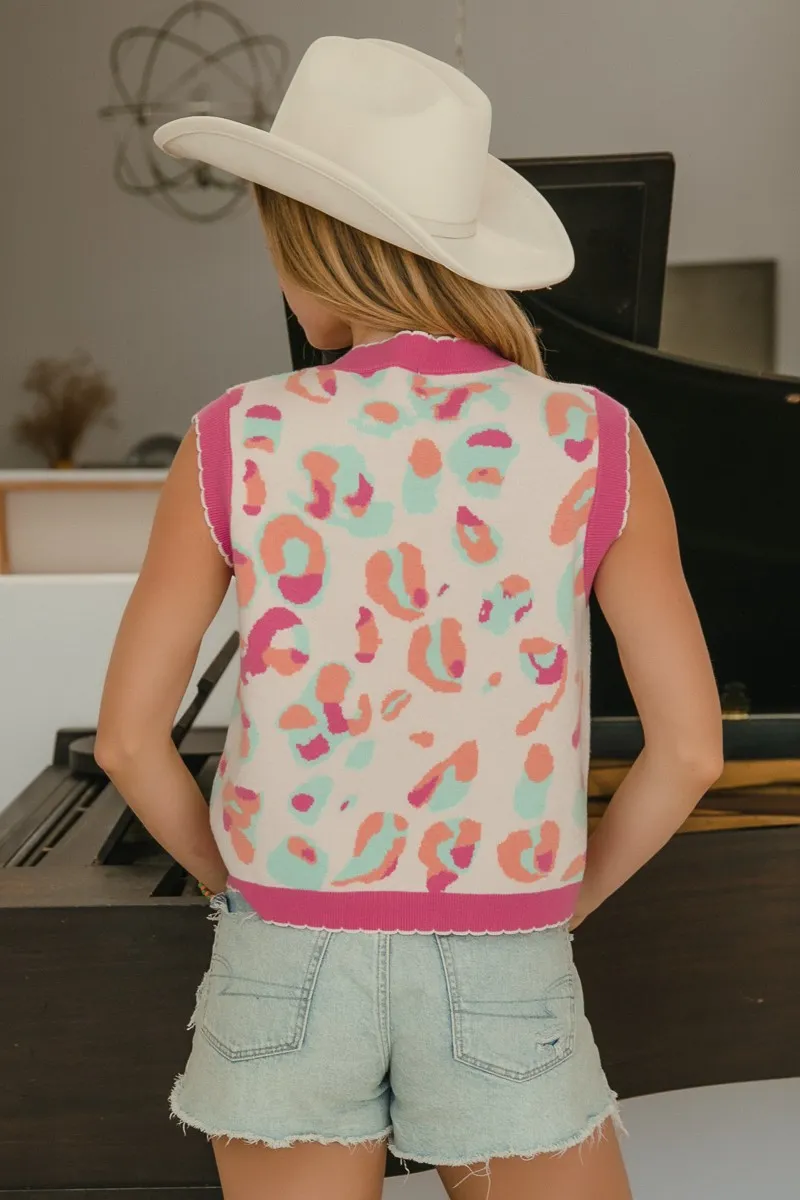 Leopard Sweater Vest With Front Tie and Scallop Detail, image 4