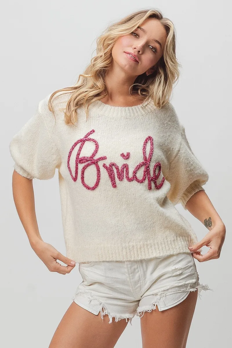 Metallic Letter Short Puff Sleeve Hairy Sweater, image 19