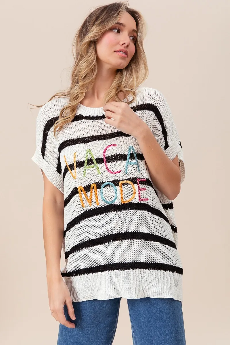 Vacay Mode Lettering Drop Shoulder Striped Sweater, image 7