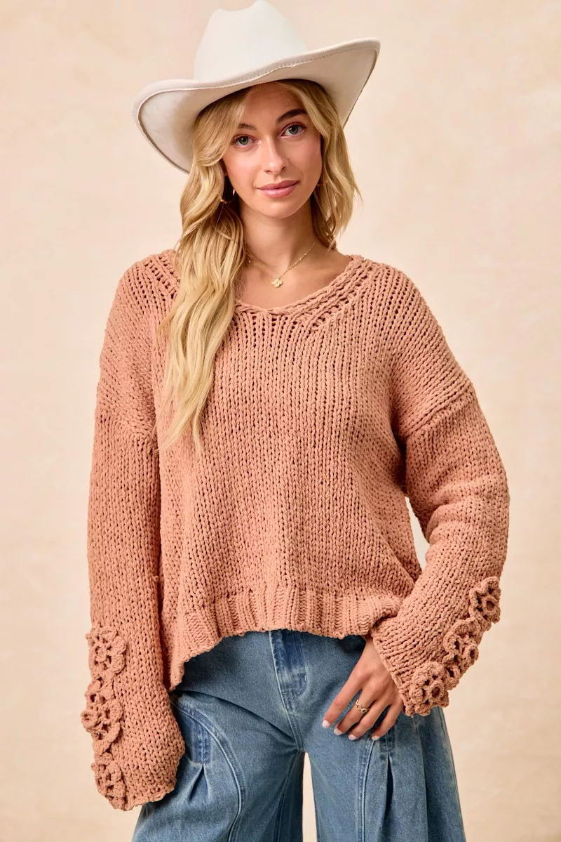 Chunky Knit Sweater with Flower Detail Sleeves, image 7