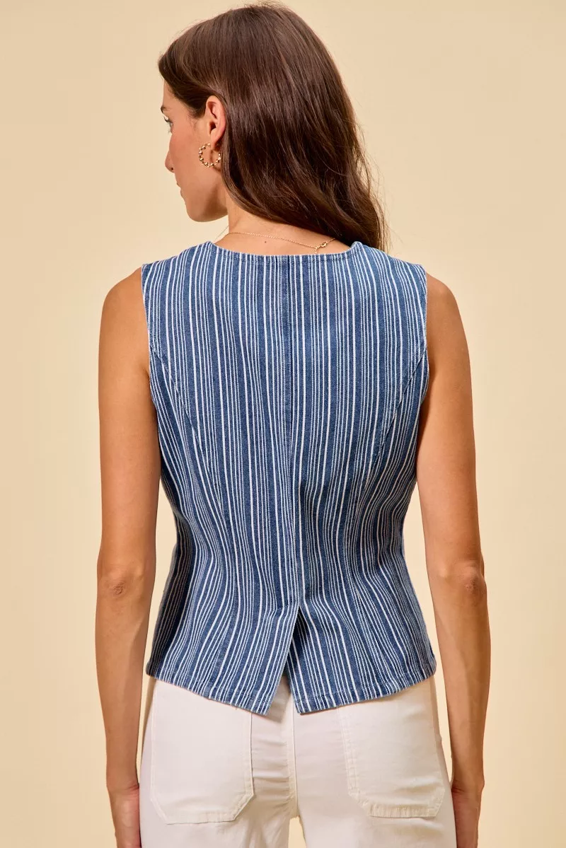 Stripe Slim Fit Button Front Denim Vest Top, image 10