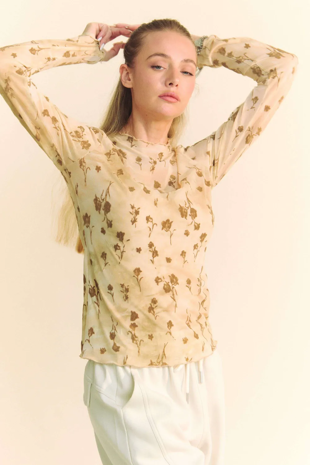 Floral Mesh Long Sleeve Sheer Layering Top, image 2