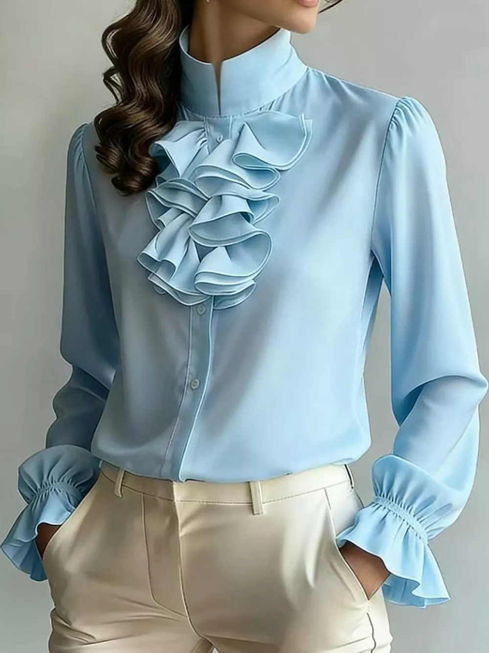 Ruffled Stand-Collar Blouse with Long Lantern Sleeves, image 31