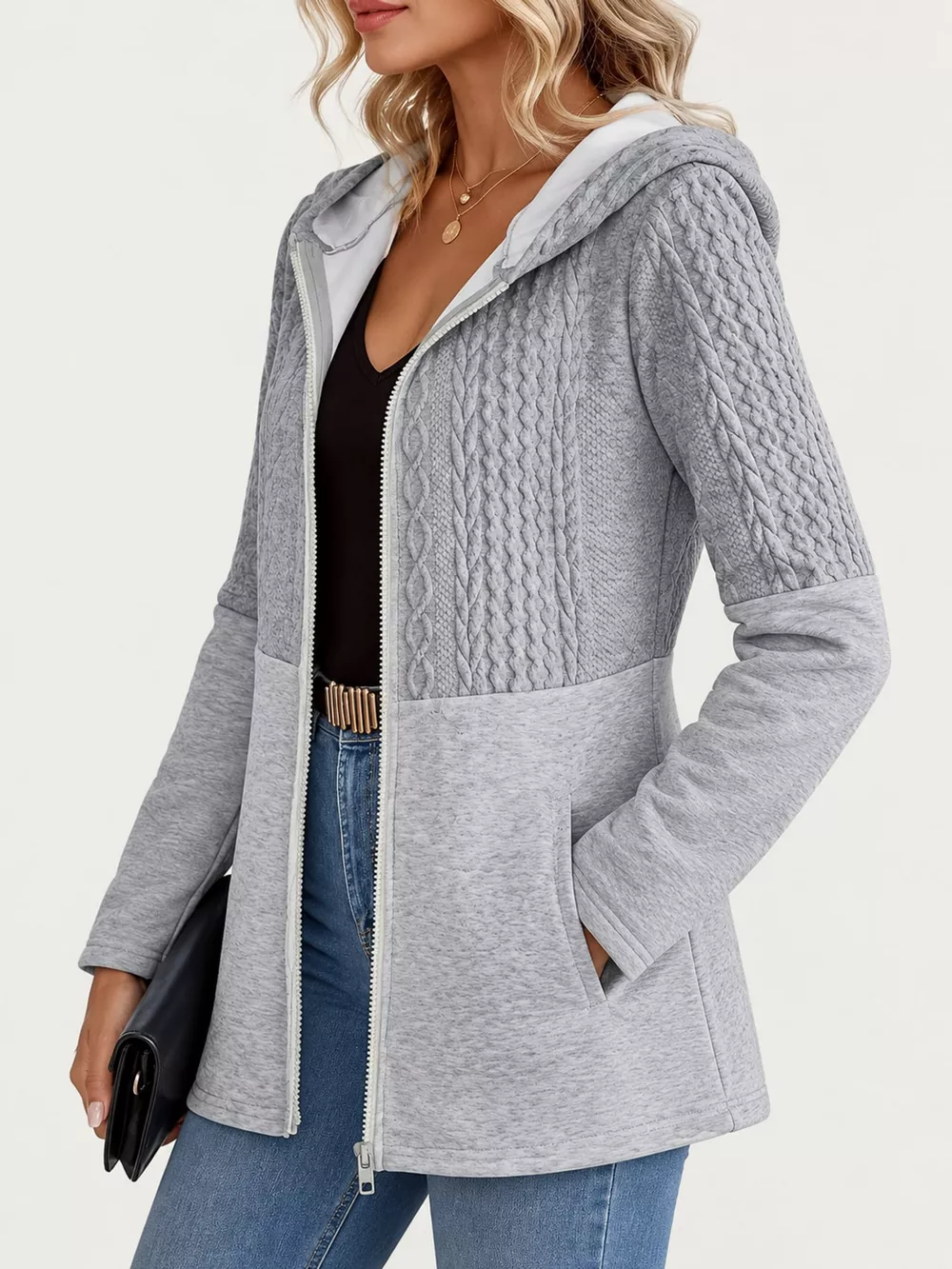 Full Size Textured Hooded Zip-Up Jacket Plus Size, image 2