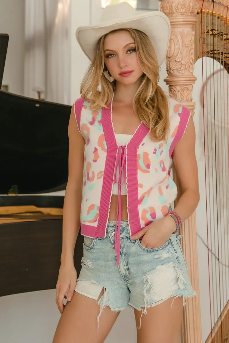 Leopard Sweater Vest With Front Tie and Scallop Detail, image 5