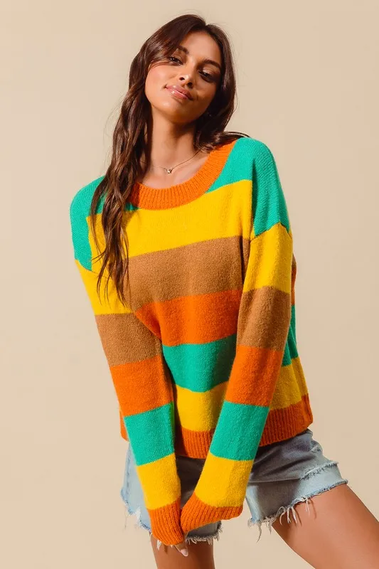 Multi Color Stripe Sweater with Ribbed Detail, image 4
