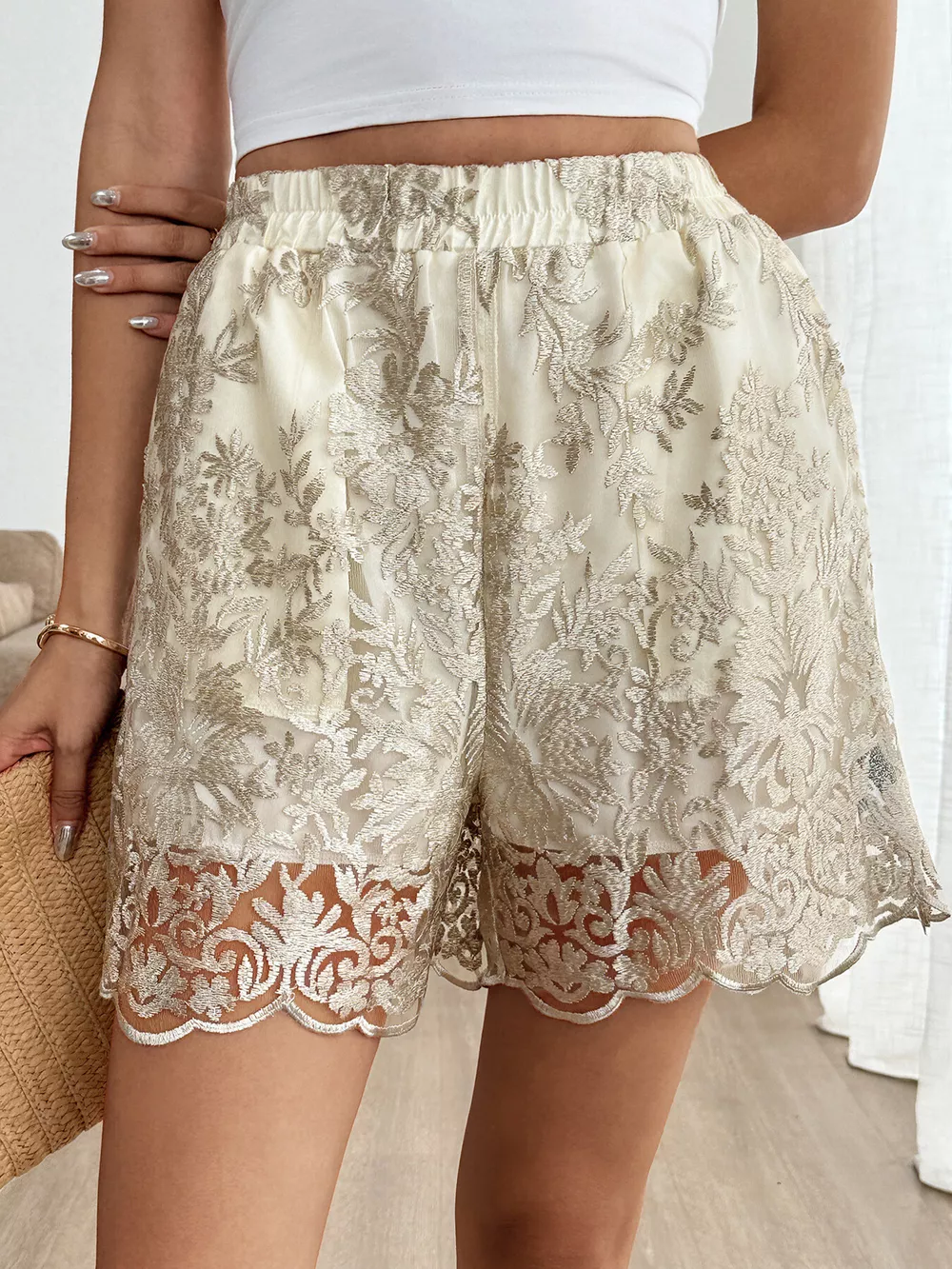 Lace Scalloped Hem Elastic Waist Shorts, image 6