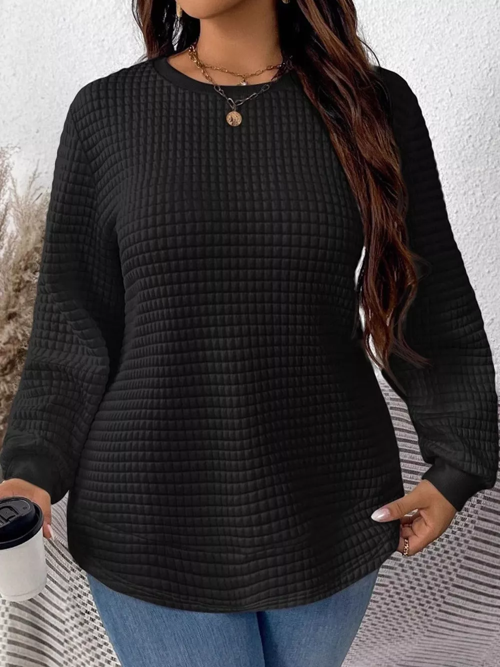 Plus Size Textured Waffle Knit Crew Neck Sweatshirt, image 8