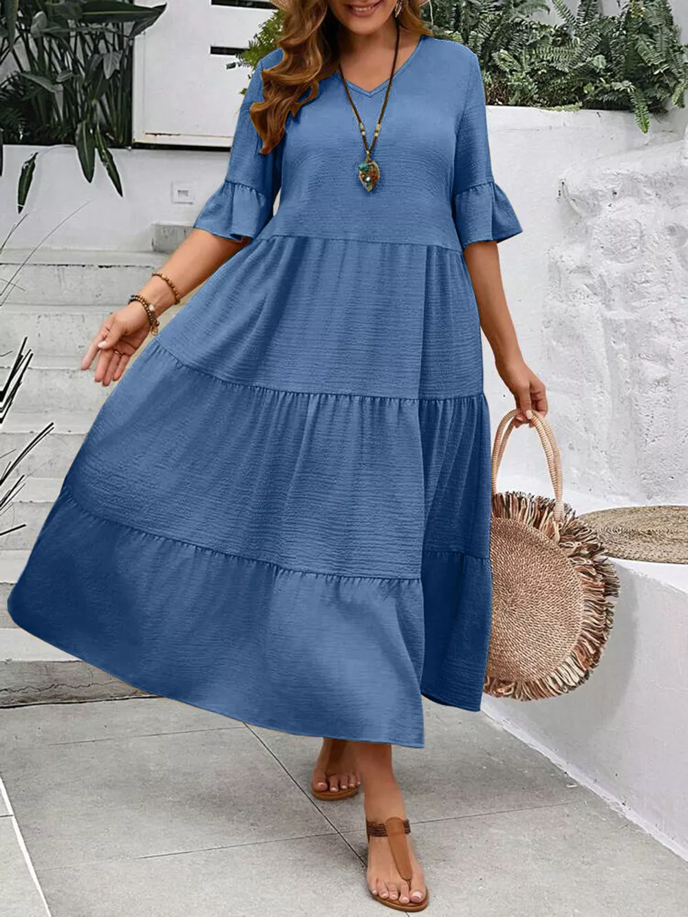 Plus Size Ruffle Sleeves Tiered Midi Dress, image 12