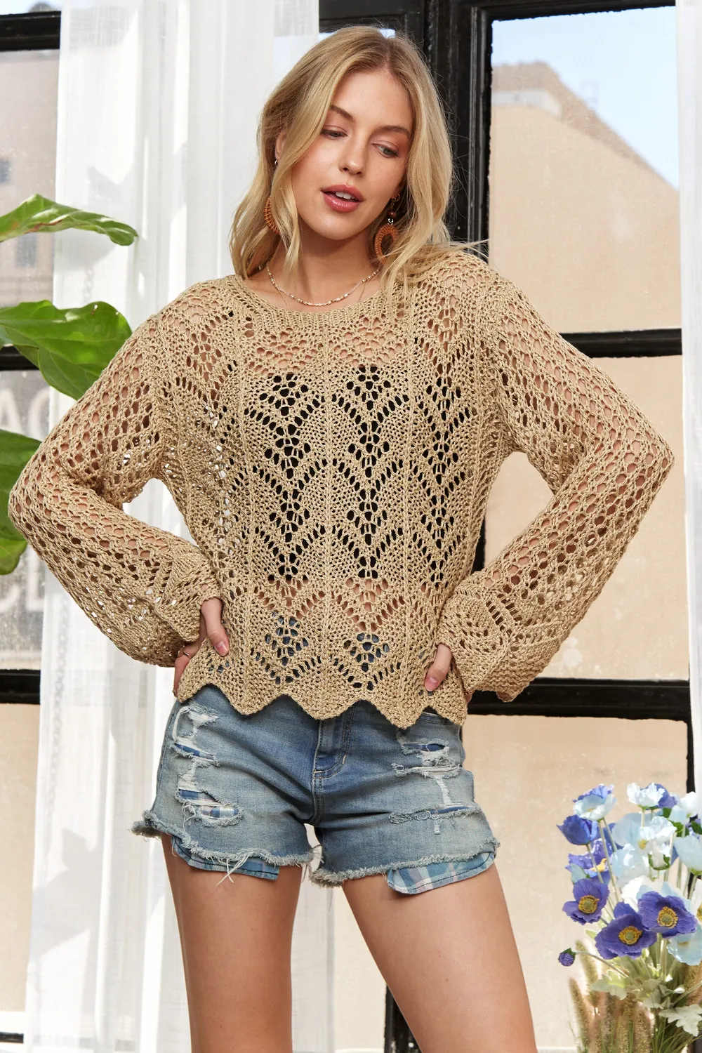 Long Sleeves Round Neck Crochet Top, image 3