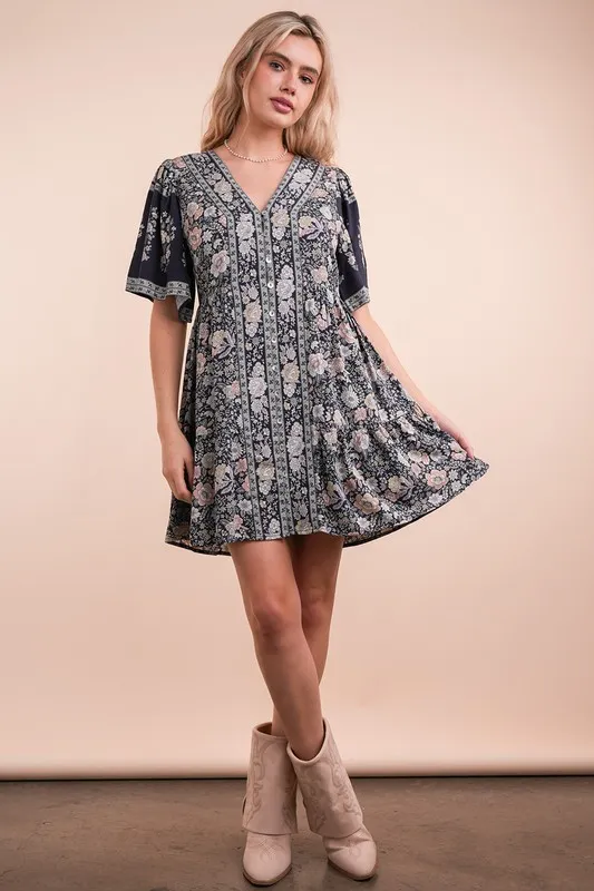 Shirring Detail Printed Woven Mini Dress