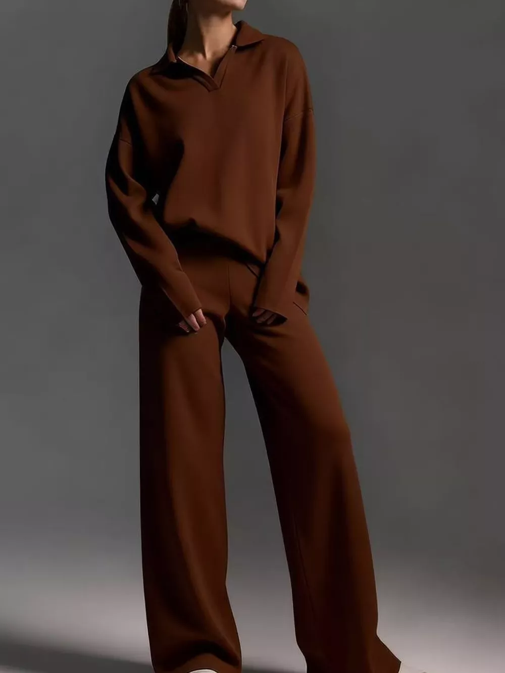 Polo Collar Top and Wide-Leg Pants Set, image 39