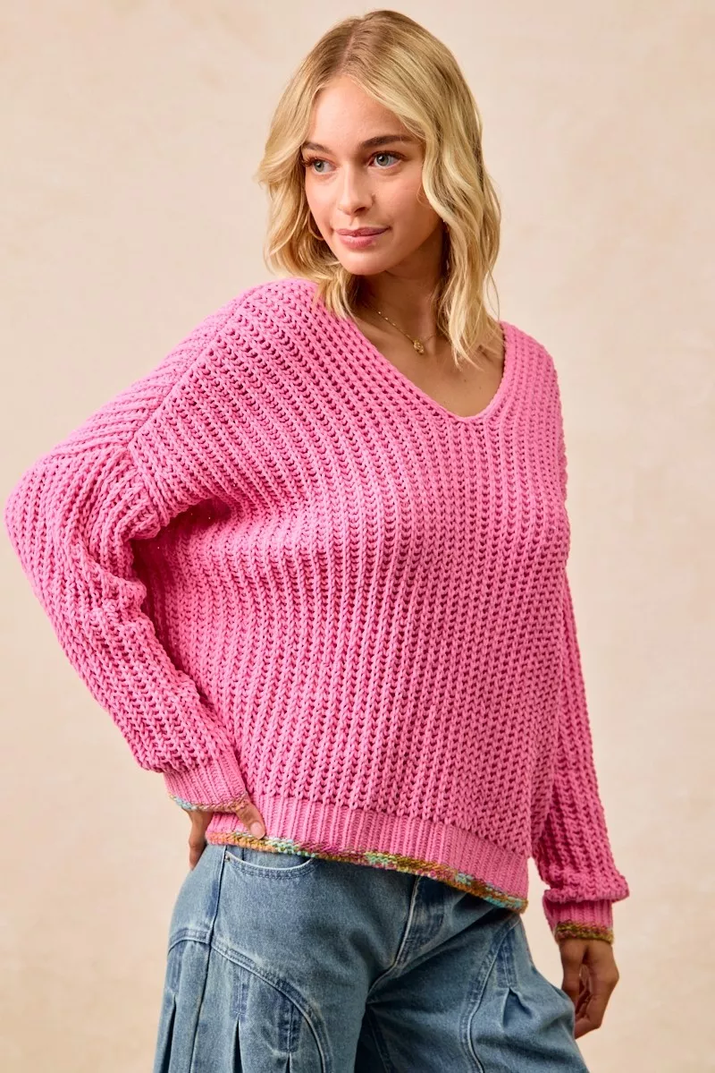 V-Neck Sweater with Colorful Trim, image 4