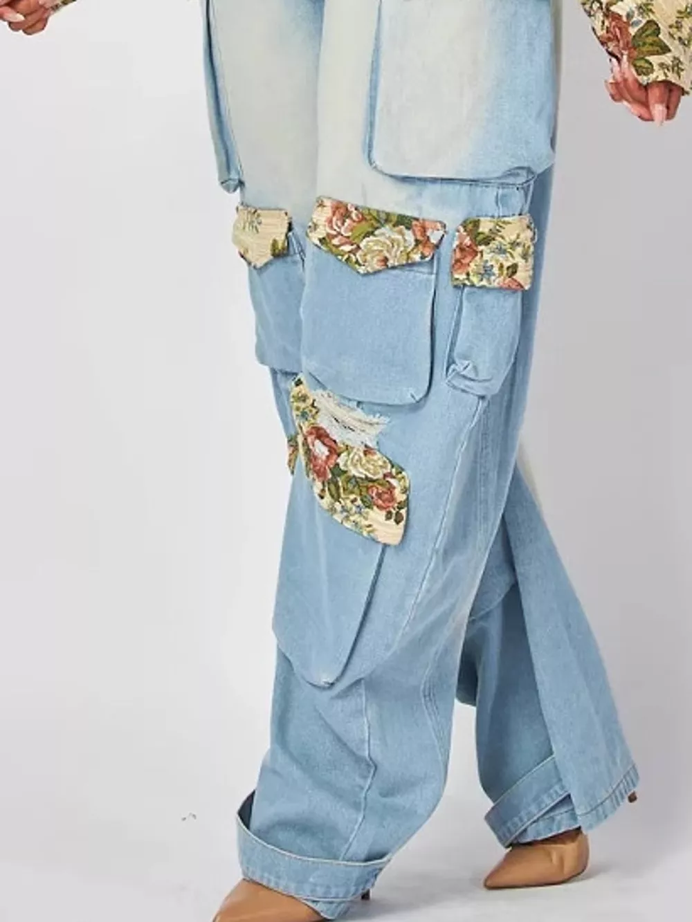 Floral Print Cropped Jacket and Cargo Jeans Denim Set, image 5