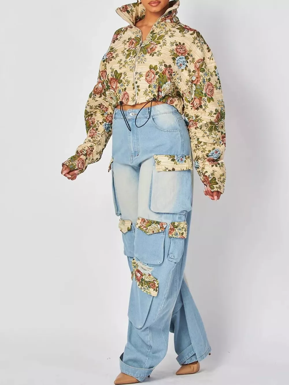 Floral Print Cropped Jacket and Cargo Jeans Denim Set, image 2