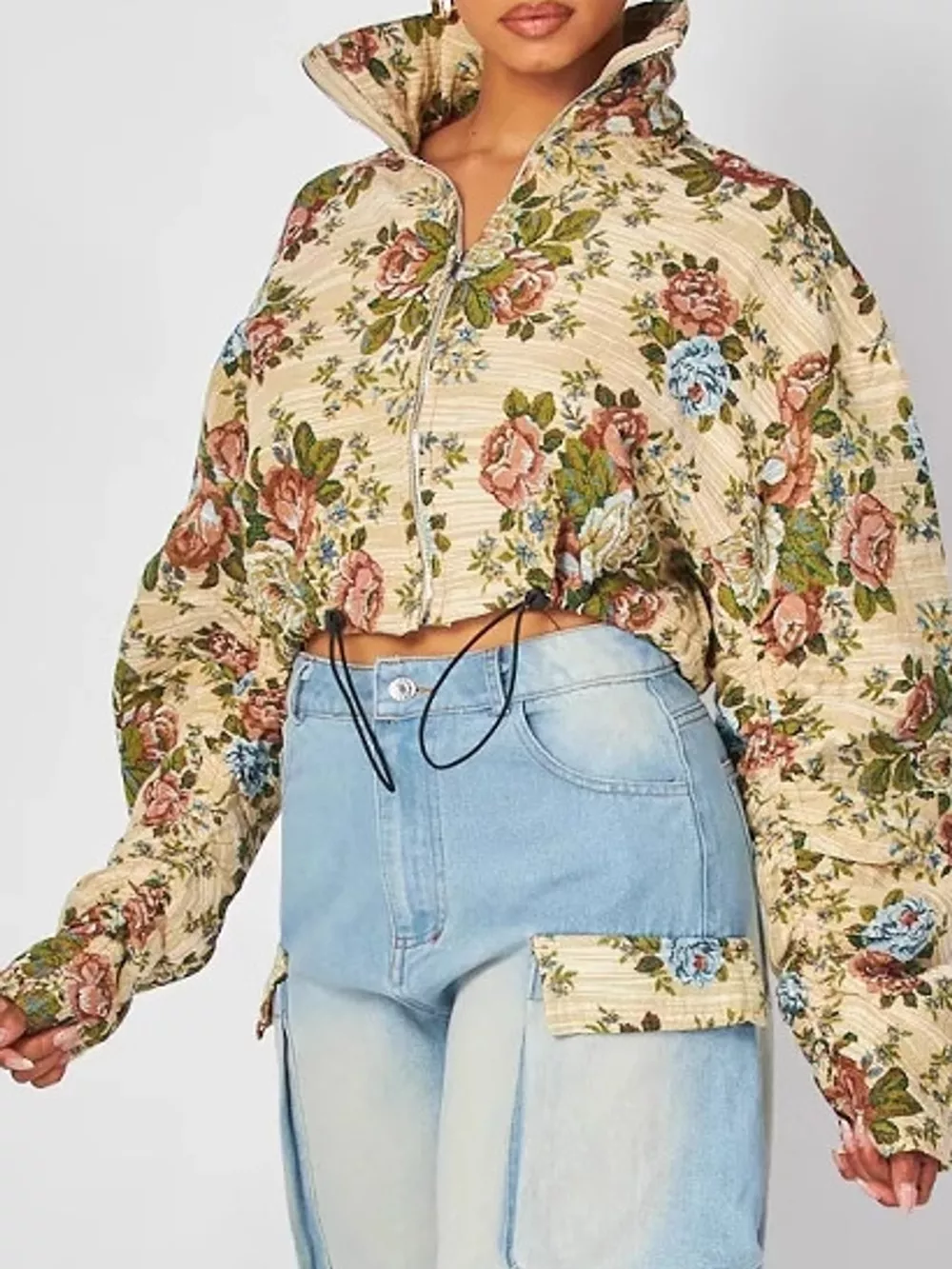 Floral Print Cropped Jacket and Cargo Jeans Denim Set, image 4