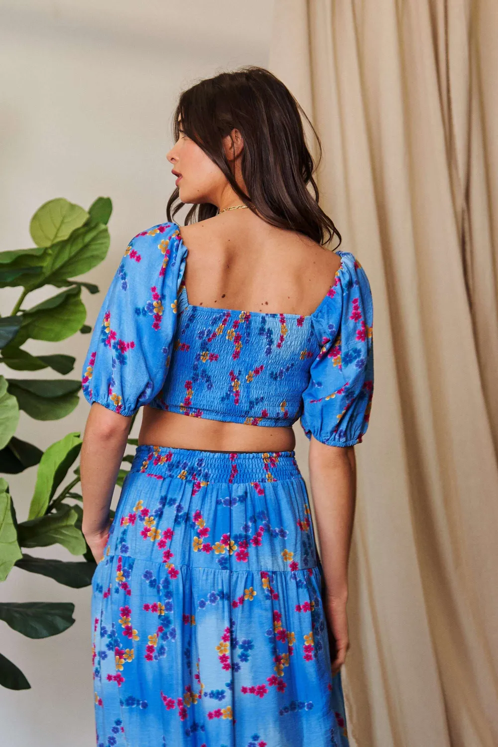 Smocing Bodice Puff Short Sleeve Printed Crop Top, image 3
