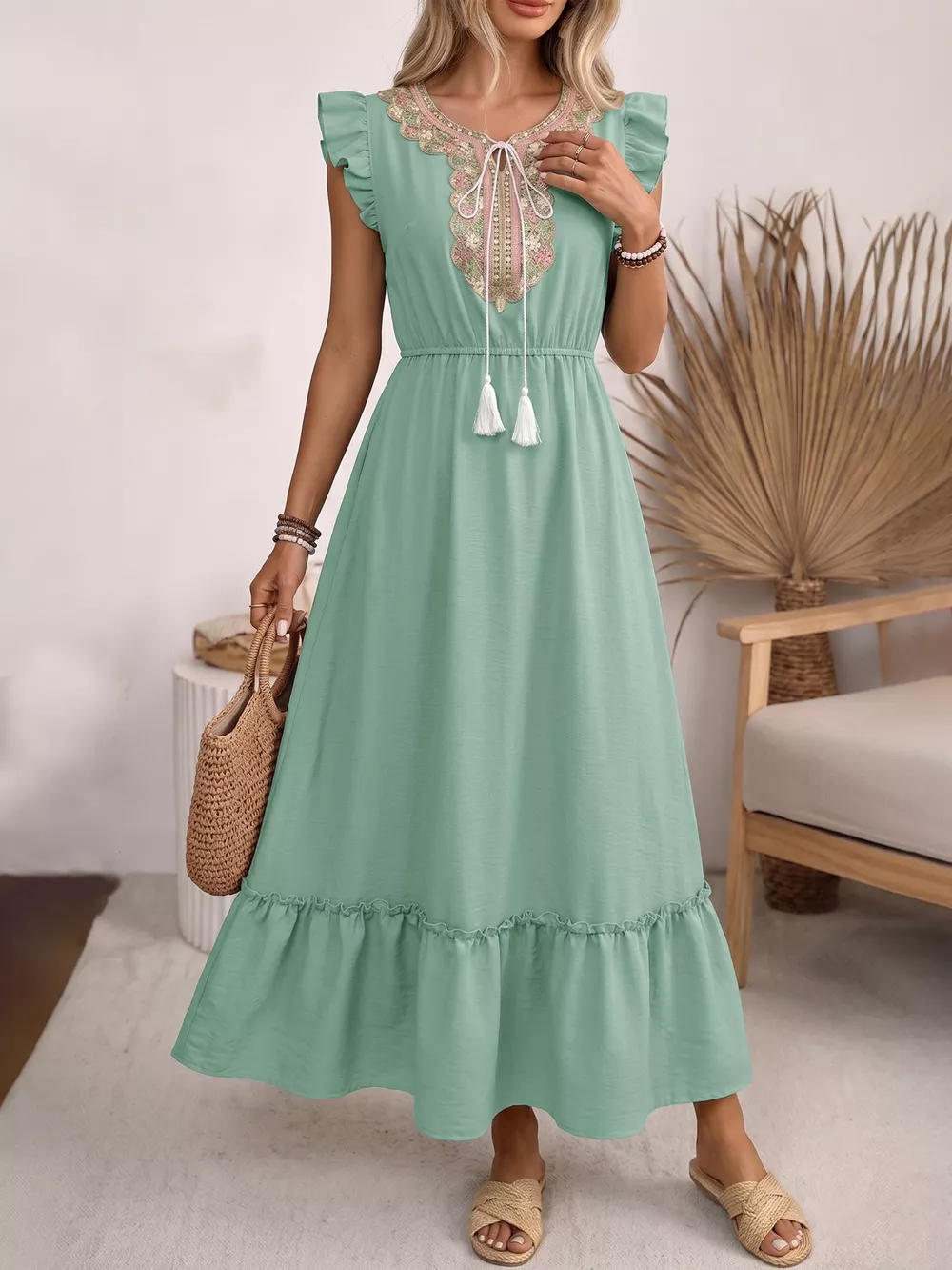 Tie Neck Ruffle Sleeve Maxi Dress, image 2