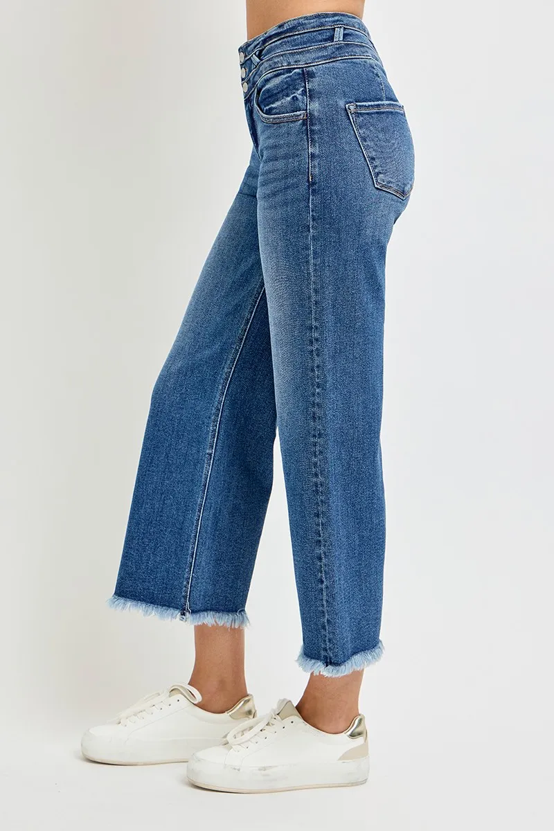 High Rise Crop Wide Leg Jeans with Wide Band Detail, image 2