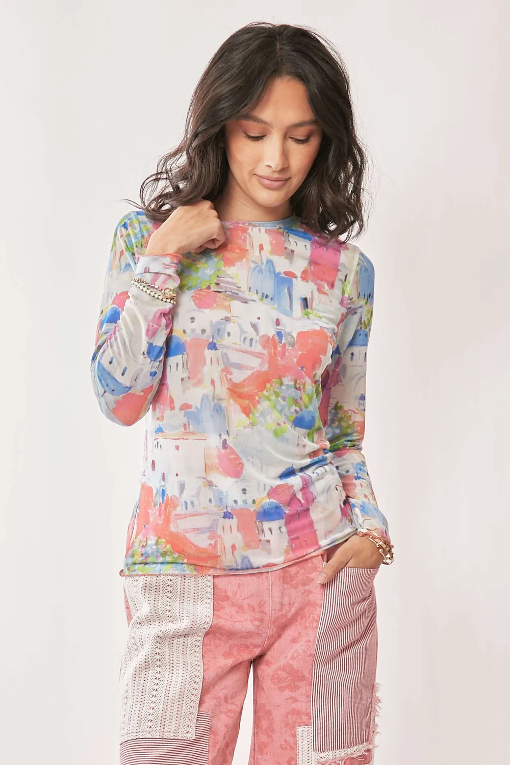 Multi Printed Mesh Round Neck Long Sleeve Top, image 4