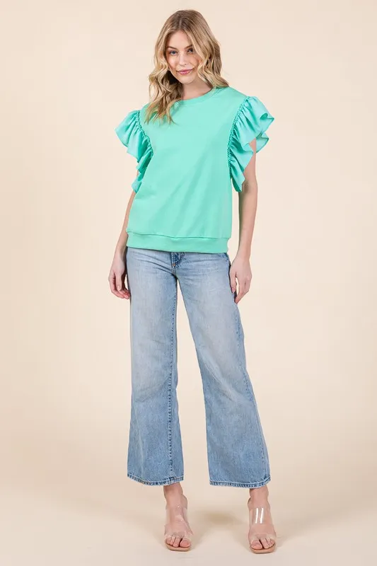 Solid Shoulder Ruffle Detail Round Neck Top, image 9