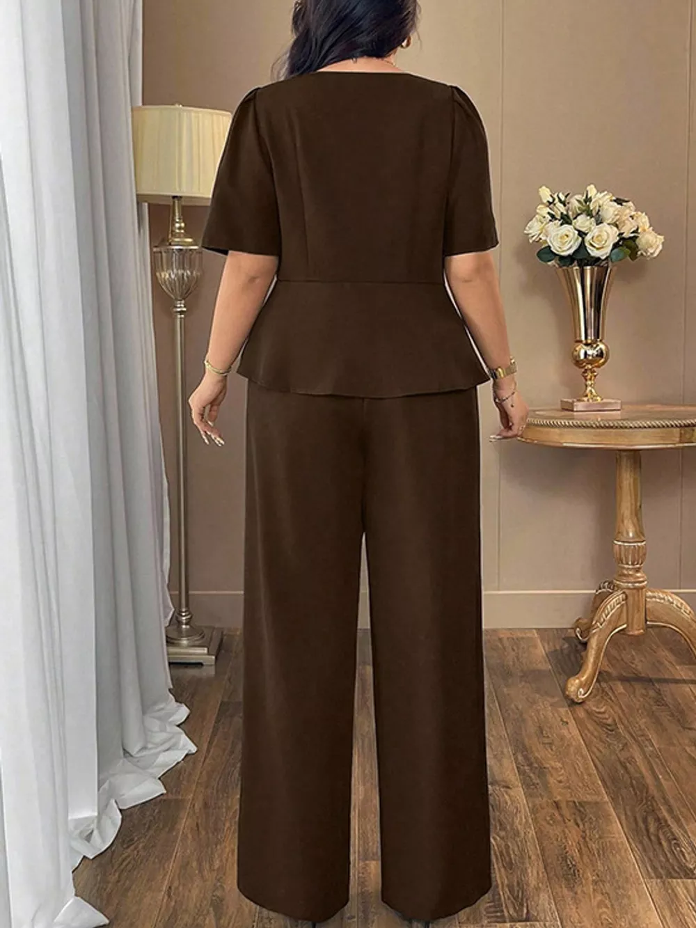 Plus Size Peplum Top and Wide-Leg Pants Two-Piece Set, image 18