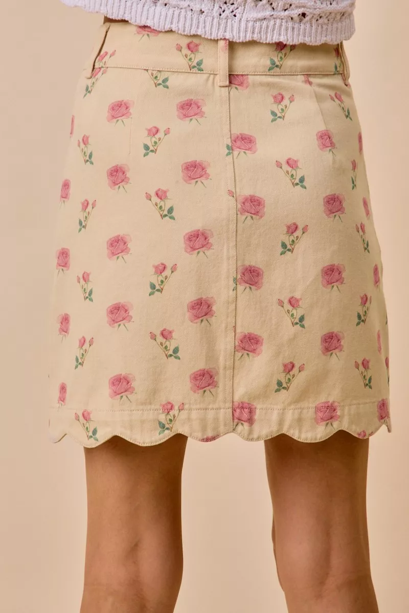 Floral Rose Print Cotton Twill Scallop Mini Skirt, image 3