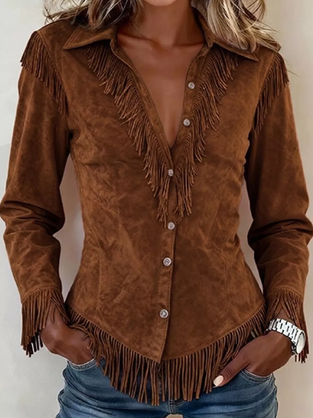 Full Size Fringed Button Up Shirt Plus Size, image 16