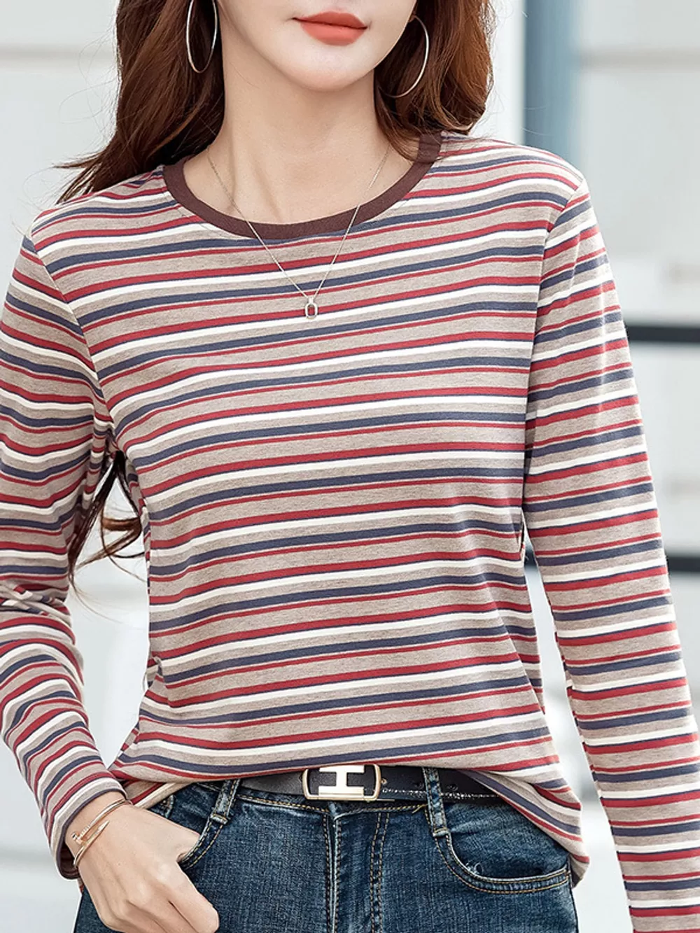 Full Size Long Sleeve Striped Crew Neck Casual T-Shirt Plus Size, image 2