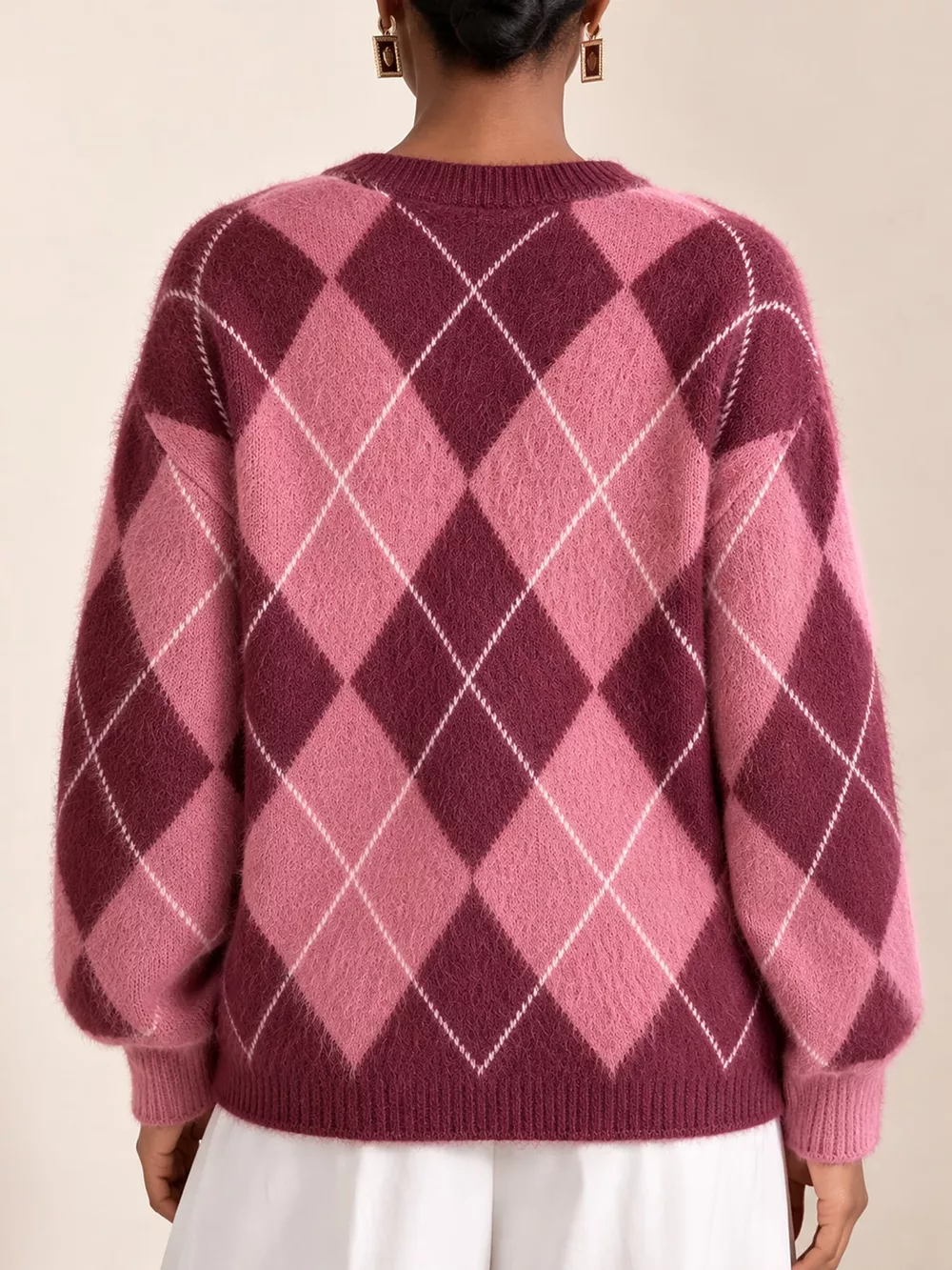 Argyle Pattern Fuzzy Knit Sweater, image 12