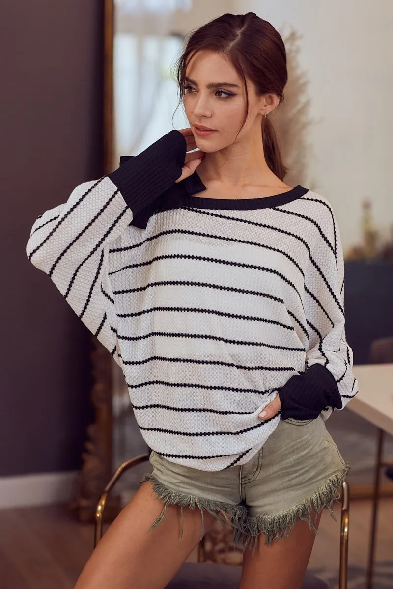 Stripe Yarn Dye Waffle One Shoulder Ribbon Detail Top, image 20