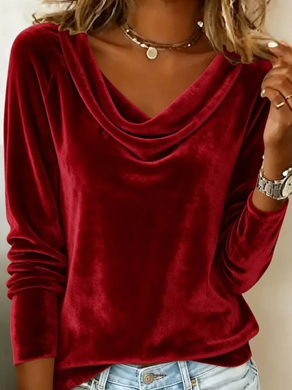 Full Size Velvet Cowl Neck Long Sleeve T-Shirt Plus Size, image 6