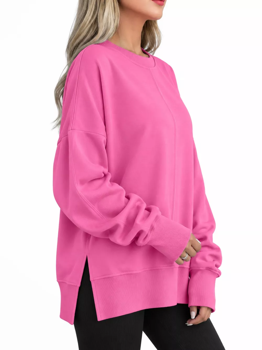 Oversized Crew Neck Sweatshirt with Side Slit, image 32