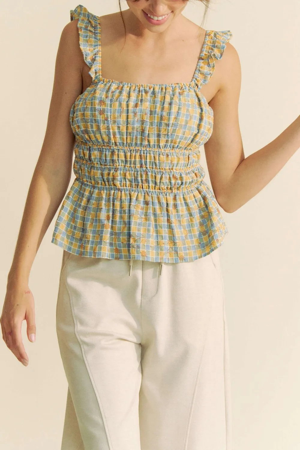 Plaid Ruffled Strap Smocked Sleeveless Top, image 7