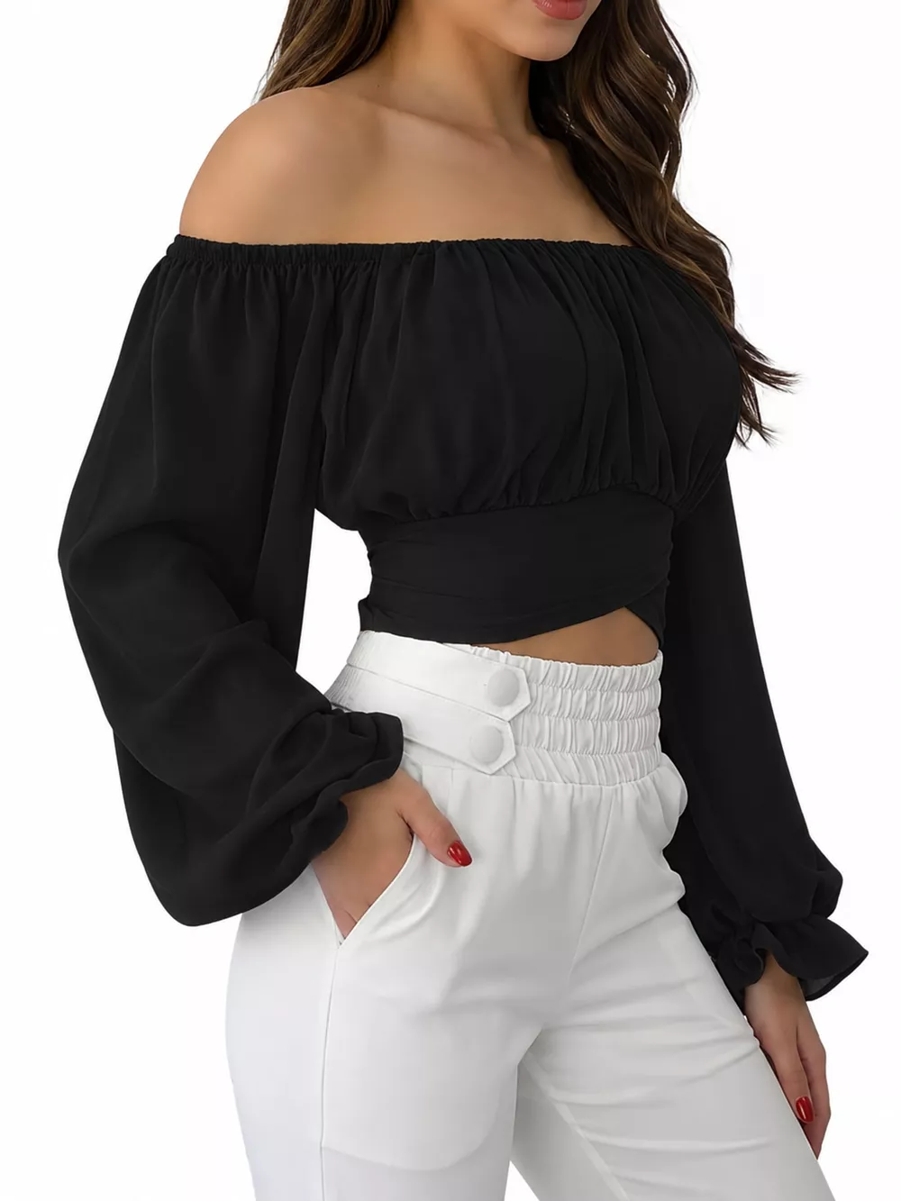Off-Shoulder Long Sleeve Cropped Blouse, image 16