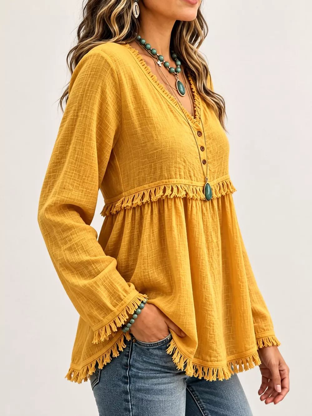 Full Size Fringed Trim V-Neck Long Sleeve Blouse Plus Size, image 14