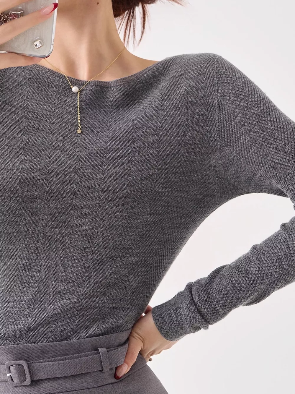 Herringbone Slim Fit Long Sleeve Knit Top, image 5
