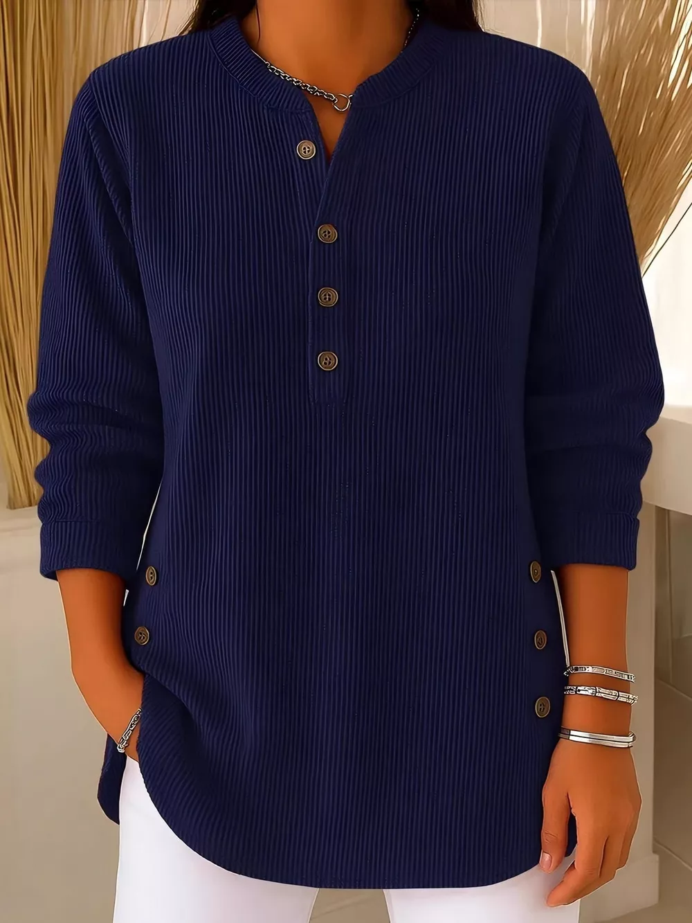 Full Size Button Detail Long Sleeve Top Plus Size, image 6