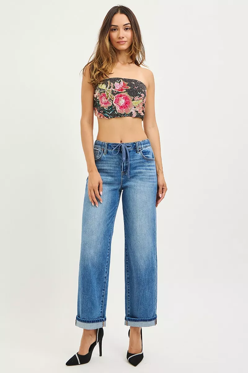 Elastic Band Slouch Ankle Boyfriend Cuffed Hem Jeans, image 3