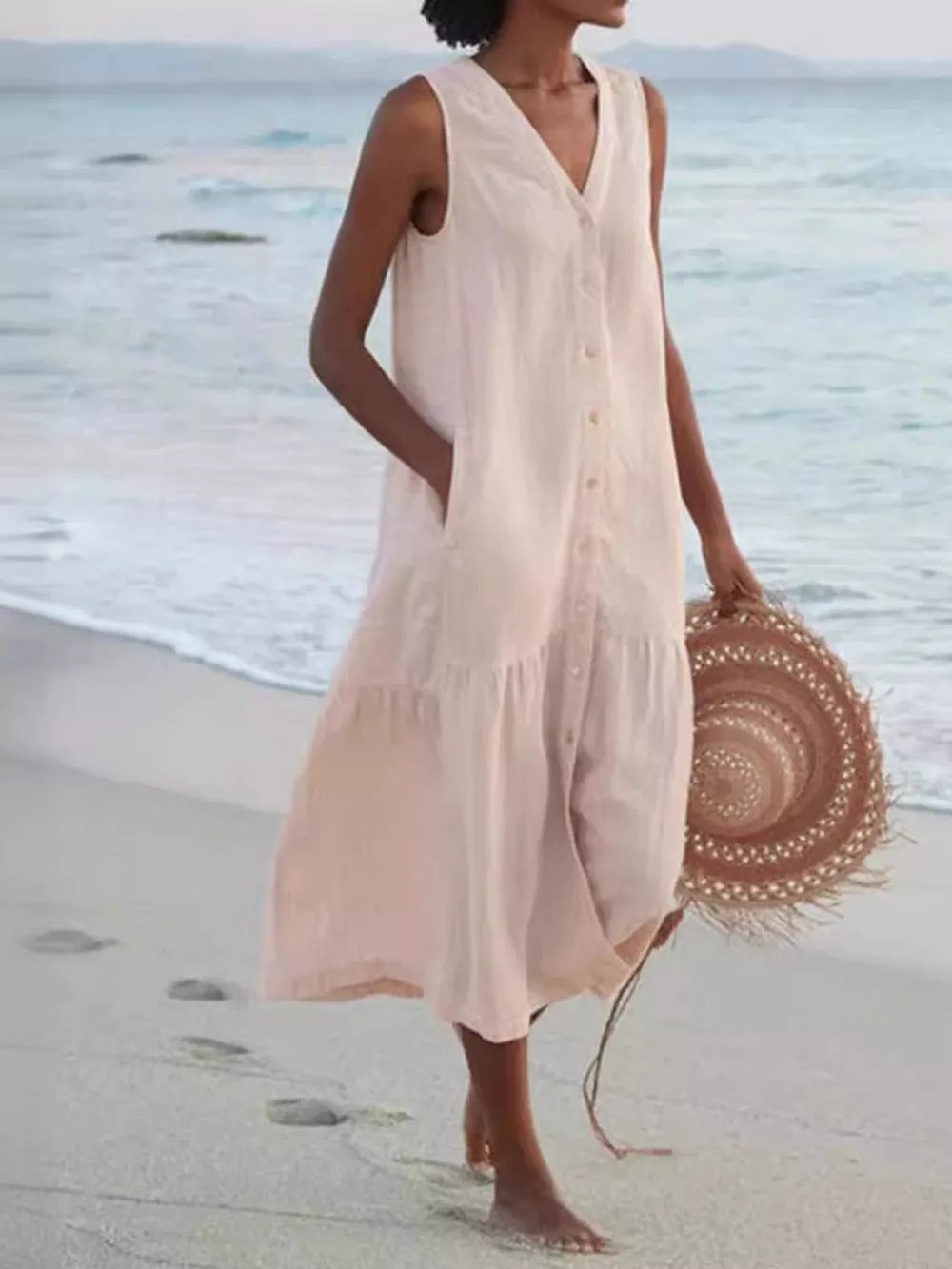 Full Size V-Neck Button Front Sleeveless Midi Dress Plus Size, image 6