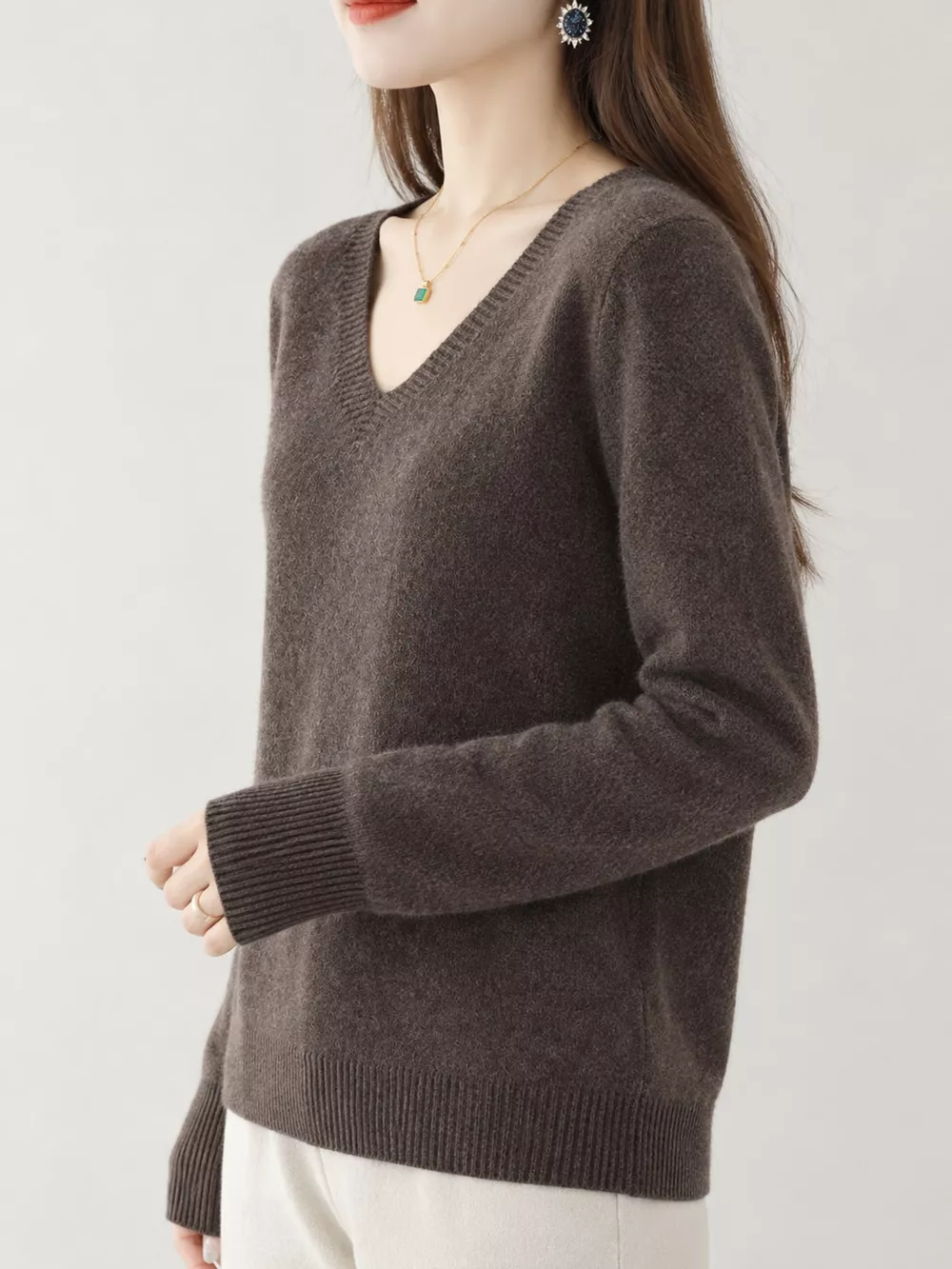 V-Neck Solid Color Sweater, image 50