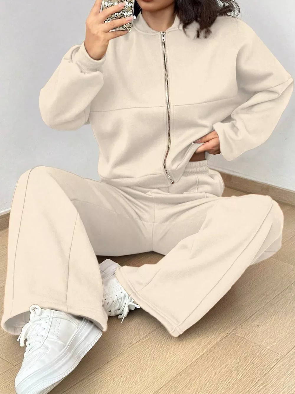Casual Zip-Up Jacket and Wide-Leg Sweatpants Set, image 3