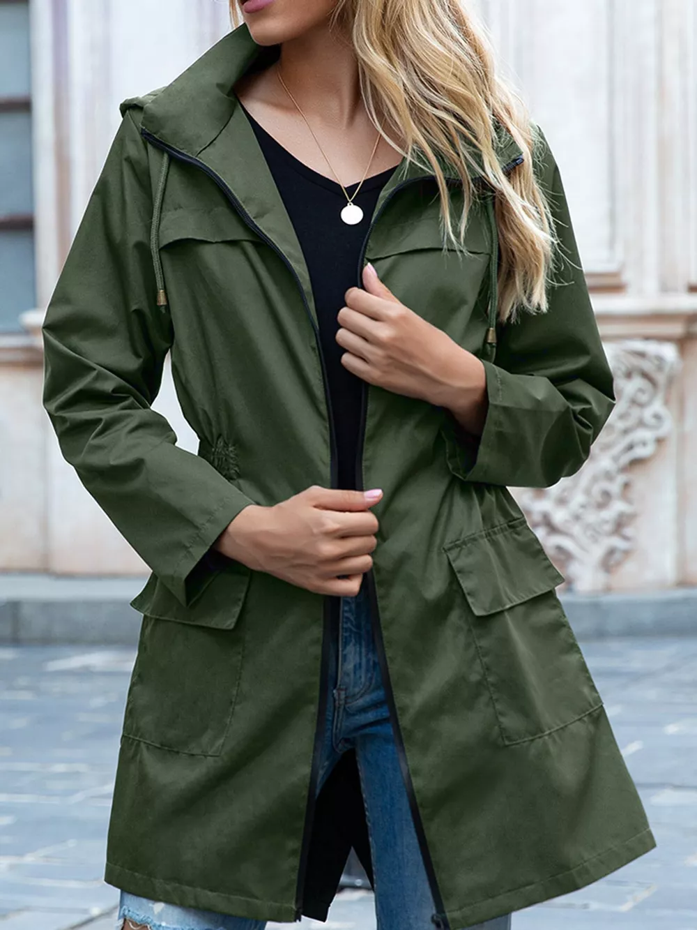 Zip Up Drawstring Waist Hooded Jacket, image 10
