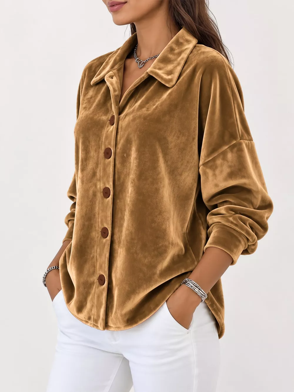 Full Size Velvet Button-Down Long Sleeve Shirt Plus Size, image 2