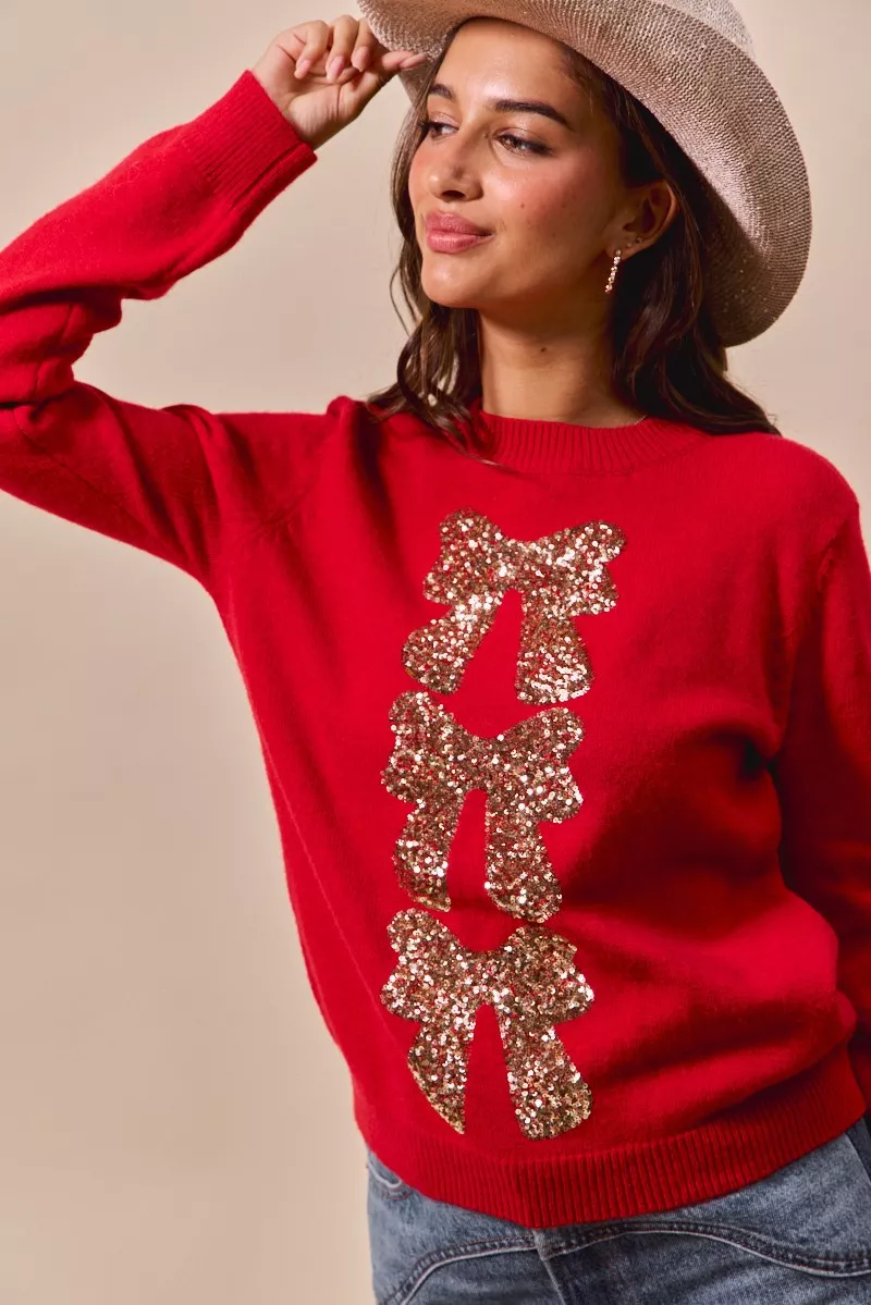 Sequins Bow Ribbon Embellished Christmas Sweater, image 8