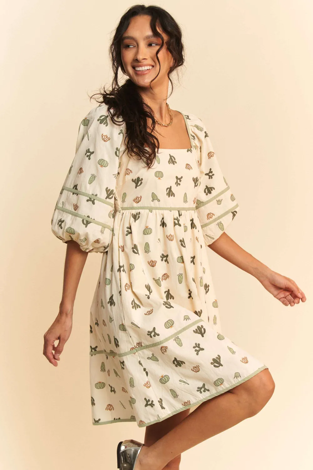 Cactus Printed Poplin Contrast Piping Mini Dress, image 5