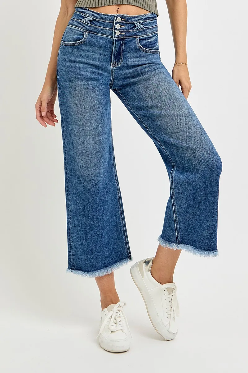 High Rise Crop Wide Leg Jeans with Wide Band Detail, image 3